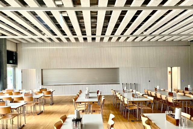 Holzleisten an Wand an der Schule Freilager in Zürich. Realisiert durch Röösli Funktionsdecken.